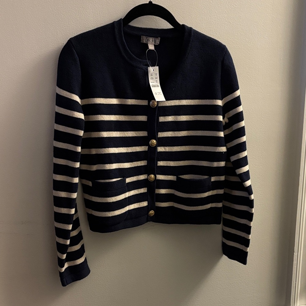 J. Crew Navy and Cream Striped Cardigan with Gold Buttons